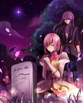  1girl black_hair closed_eyes dress estellise_sidos_heurassein gloves grave hands_together kneeling long_hair ouri own_hands_together petals pink_hair praying sky standing star_(sky) starry_sky tales_of_(series) tales_of_vesperia wind yuri_lowell 