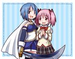  arm_around_shoulder blue_eyes blue_hair cape gloves hair_ribbon hairband hands_clasped happy kaname_madoka magical_girl mahou_shoujo_madoka_magica miki_sayaka multiple_girls open_mouth own_hands_together pink_eyes pink_hair ribbon school_uniform sen-asanagi short_hair short_twintails smile sword twintails weapon 