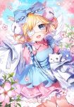  1girl :d animal apple_caramel apron bag bell blonde_hair blue_apron blue_bow blue_eyes blue_sky blurry blurry_foreground blush bow breasts cat cloud day depth_of_field double_bun dress flower frilled_bow frills hair_bell hair_bow hair_ornament handbag head_tilt heart jingle_bell long_sleeves open_mouth original outdoors pink_dress pink_flower puffy_short_sleeves puffy_sleeves round_teeth short_over_long_sleeves short_sleeves shoulder_bag side_bun sky sleeves_past_fingers sleeves_past_wrists small_breasts smile solo teeth upper_teeth white_cat wide_sleeves 