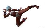  abs anklet attack bandeau bare_shoulders barefoot bikini_bottom bracelet dark_skin elena_(street_fighter) feet highres jewelry jumping kicking lips navel neck_ring saskia_gutekunst solo street_fighter street_fighter_iii_(series) toned white_hair 