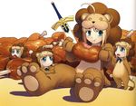  :t ahoge animal_costume artoria_pendragon_(all) blonde_hair boned_meat child cub eating excalibur fate/stay_night fate/tiger_colosseum fate_(series) food green_eyes highres higurashi_ryuuji lion lion_costume meat mother_and_child multiple_girls paws saber saber_lion sword weapon 