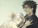  1girl black_eyes black_hair closed_eyes couple emiya_kiritsugu facial_hair fate/zero fate_(series) hetero husband_and_wife irisviel_von_einzbern long_hair mmm_(xbit) stubble white_hair 