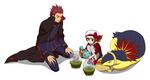  1boy 1girl bag bag_removed berries brown_hair cabbie_hat cape gameplay_mechanics gen_1_pokemon gen_2_pokemon hat kneeling kotone_(pokemon) objectification pokemon pokemon_(creature) pokemon_(game) pokemon_hgss red_hair simple_background spiked_hair squirt_bottle squirtle sweatdrop themed_object twintails typhlosion wataru_(pokemon) watering_can white_background white_legwear yohi 