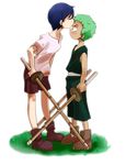 1boy 1gilr 1girl bare_shoulders binu blue_hair blush child green_hair kiss kuina one_piece pixiv_thumbnail resized roronoa_zoro shoes shorts simple_background uniform weapon white_background young younger 