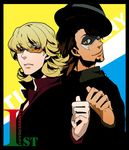  44 barnaby_brooks_jr blonde_hair brown_eyes brown_hair facial_hair fedora formal glasses green_eyes hat kaburagi_t_kotetsu multiple_boys stubble suit tiger_&amp;_bunny yellow_eyes 