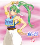  arabian_clothes arm_up asha_(monster_world) bad_id bad_pixiv_id banned_artist blue_eyes bracelet copyright_name green_hair hair_bun hand_on_hip headband jewelry kamiomutsu long_hair monster_world monster_world_iv pink_background ponytail smile solo 