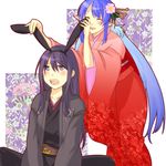  1boy 1girl animal_ears blue_hair blush flower japanese_clothes judith kimono open_mouth pointy_ears purple_eyes purple_hair tales_of_(series) tales_of_vesperia yuri_lowell 