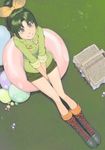  akinbo_(hyouka_fuyou) bad_id bad_pixiv_id basket between_thighs boots bow brown_eyes eyelashes green_hair green_shirt hair_bow highres midorikawa_nao precure shirt shorts sitting smile solo v_arms 