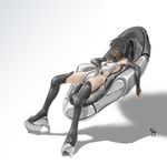  armpits bare_shoulders boots bridal_gauntlets chair closed_eyes copyright_request digital_media_player floating headphones highres lying marwan_islami shadow sleeping solo thigh_boots thighhighs 