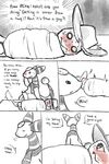  ampharos bed blanket blush charmander comic embarrassed english_text fire hat haychel male nintendo pok&#233;mon pok&eacute;mon scarf size_difference text video_games 