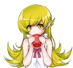  blonde_hair blush_stickers character_name cup highres long_hair monogatari_(series) mug mug_writing nisemonogatari oshino_shinobu simple_background solo white_background yakubeni yellow_eyes 