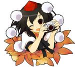  camera hat leaf looking_at_viewer maple_leaf one_eye_closed open_mouth pom_pom_(clothes) shameimaru_aya simple_background smile solo tokin_hat touhou upper_body wara_(warapro) white_background 