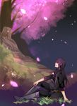 bad_id bad_pixiv_id black_hair boots cherry_blossoms grass hand_on_leg knee_boots long_hair male_focus ouri petals sitting solo tales_of_(series) tales_of_vesperia wind yuri_lowell 