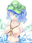  blue_eyes blue_hair breasts hair_bobbles hair_ornament hat highres kawashiro_nitori key large_breasts nipples nude off_shoulder one_eye_closed short_hair solo touhou turupiko two_side_up upper_body wet 