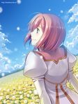  cloud day estellise_sidos_heurassein field flower flower_field green_eyes hitsuki_rei looking_up pink_hair sky solo tales_of_(series) tales_of_vesperia 