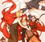  2boys bandages blonde_hair blush closed_eyes dress facial_mark family father_and_son forehead_protector husband_and_wife i_(kaiyou) konohagakure_symbol long_hair mother_and_son multiple_boys namikaze_minato naruto naruto_(series) red_hair sleeping spiked_hair uzumaki_kushina uzumaki_naruto very_long_hair whisker_markings 