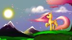  equine fatalfox female feral fluttershy_(mlp) friendship_is_magic grass hair horse landscape mammal mountain my_little_pony pink_hair pony spring tree wind wood 