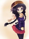  black_hair black_legwear blush braid brown_eyes cabbie_hat coat glasses hands_together hat long_hair original own_hands_together pantyhose scarf simple_background smile solo twin_braids twintails wara_(warapro) 