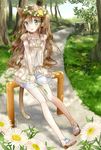  animal_ears brown_hair cat_ears cat_tail crown dress flower green_eyes head_wreath long_hair mijinkouka original sandals sitting solo tail 