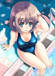  adjusting_hair bad_id bad_pixiv_id blue_eyes blush breasts brown_hair bushi_(puppukupoo) cameltoe cleavage competition_swimsuit covered_nipples drain_(object) from_above large_breasts one-piece_swimsuit open_mouth original pool pool_ladder poolside reflection refraction shadow short_hair sitting soaking_feet solo swimsuit tree_shade water 