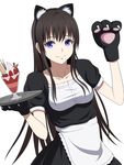  animal_ears bad_id bad_pixiv_id black_hair blue_eyes collarbone fake_animal_ears food fruit gloves heisei_yutorin holding long_hair looking_at_viewer original parfait paw_gloves paws pocky simple_background smile solo strawberry tray waitress white_background 