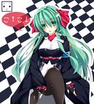  :d :p alternate_costume aoi_kimi aoi_kimi_(cosplay) black_legwear breasts checkered checkered_background cleavage cosplay fingerless_gloves frog frog_hair_ornament gloves green_eyes green_hair hair_ornament hair_ribbon hair_tubes head_tilt highres impossible_clothes japanese_clothes kochiya_sanae kyoukaisenjou_no_horizon large_breasts leg_lift long_hair looking_at_viewer ngirln4 obi open_mouth pantyhose ribbon sash shiny shiny_clothes smile snake solo tongue tongue_out touhou v-shaped_eyebrows wide_sleeves 