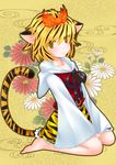  animal_ears animal_print barefoot black_hair blonde_hair flower hair_ornament highres kemonomimi_mode multicolored_hair ogakuru short_hair sitting smile solo tail tiger_ears tiger_print tiger_stripes tiger_tail toramaru_shou touhou two-tone_hair v_arms wariza yellow_eyes 