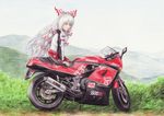  bangs biker_clothes bikesuit bow colored_pencil_(medium) fujiwara_no_mokou grass ground_vehicle hair_bow kawasaki long_hair looking_back motor_vehicle motorcycle product_placement rpracing silver_hair solo touhou traditional_media 