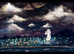  bug butterfly cloud field firefly flower flower_field highres insect inuyasha kanna_(inuyasha) night night_sky saik scenery sky standing star_(sky) starry_sky water white_hair 