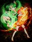  bike_shorts boots choker cure_march cure_sunny fire green_eyes green_hair green_shorts green_skirt hair_bun highres hino_akane_(smile_precure!) kyouko_(uptempo) long_hair magic magical_girl midorikawa_nao multiple_girls orange_eyes orange_hair orange_skirt ponytail precure red_shorts shorts shorts_under_skirt skirt smile_pact smile_precure! thigh_boots thighhighs tiara tri_tails very_long_hair wind wrist_cuffs 