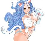  animal_ears ass big_hair blue_hair breasts brown_eyes cat_ears cat_tail cleavage fang felicia hairband kazaana long_hair medium_breasts paws simple_background smile solo tail vampire_(game) very_long_hair 