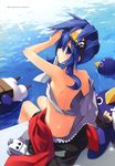  absurdres blue_eyes blue_hair choujigen_game_neptune disgaea flat_chest goggles goggles_on_head highres looking_at_viewer looking_back neptune_(series) nippon_ichi_(choujigen_game_neptune) official_art prinny sarashi solo tsunako 