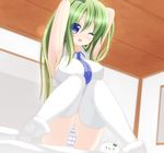 :3 ;d armpits arms_behind_head arms_up bad_id bad_pixiv_id bangs blue_eyes blue_panties blush breasts cameltoe chimunge covered_nipples dutch_angle frog_hair_ornament green_hair hair_ornament impossible_clothes impossible_shirt indoors knees_together_feet_apart kochiya_sanae labia large_breasts long_hair looking_at_viewer no_pants one_eye_closed open_mouth panties shirt sideboob sitting sleeveless sleeveless_shirt smile solo striped striped_panties stuffed_animal stuffed_bunny stuffed_toy thighhighs touhou underwear white_legwear 