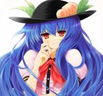  blue_hair food fruit hat hinanawi_tenshi long_hair looking_at_viewer peach red_eyes smile solo touhou upper_body very_long_hair wara_(warapro) 