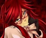  bow bowtie checkered checkered_background glasses gloves green_eyes grell_sutcliff kuroshitsuji long_hair makita_(twosidegekilove) red_hair smile solo 