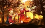  absurdres aki_minoriko aki_shizuha blonde_hair evening hat highres holding_hands light_rays multiple_girls poyan_noken red_eyes short_hair siblings sisters skirt skirt_set sunbeam sunlight touhou twilight 