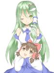  bad_id bad_pixiv_id blush breasts detached_sleeves frog frog_hair_ornament green_eyes green_hair hair_ornament hair_tubes hakurei_reimu ishimu kochiya_sanae long_hair medium_breasts necktie one_eye_closed skirt smile snake solo touhou yukkuri_shiteitte_ne 