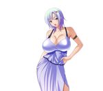  blue_hair bow breasts cleavage dress huge_breasts kyonyuu_majo no_bra surprise surprised tenma_yuria waffle 