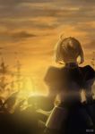  absurdres ahoge artoria_pendragon_(all) braid dress fate/stay_night fate_(series) from_behind hair_bun hand_on_hilt highres juliet_sleeves long_sleeves monochrome puffy_sleeves saber shuizhanglang solo sunset sword weapon 
