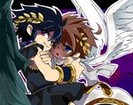  2boys angel black blue_eyes child crown dark_persona dark_pit kid_icarus kid_icarus_uprising lowres multiple_boys nintendo pit pit_(kid_icarus) red_eyes smirk tunic white wings wreath yaoi 