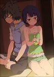  1girl ano_natsu_de_matteru bare_shoulders black_hair blue_eyes blue_hair blush drink glass glasses holding hood indian_style kirishima_kaito mizuki_makoto short_hair shorts sitting smile socks sweater_vest tanigawa_kanna watch yokozuwari 