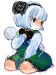  bad_id bad_pixiv_id black_hairband bow bowtie dress_shirt ghost green_eyes hairband hitodama kko konpaku_youmu konpaku_youmu_(ghost) seiza shirt short_hair silver_hair sitting skirt skirt_tug solo touhou vest younger 