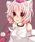  animal_ears bare_shoulders breasts detached_sleeves hat highres inubashiri_momiji md5_mismatch open_mouth red_eyes short_hair small_breasts smile solo tokin_hat touhou wakatsuki_you white_hair wolf_ears 