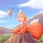  ambiguous_gender big_tail butterfly canine clouds fox grass green_eyes insect mountain orange_fur rudragon sky stump 