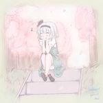  aosiro-michi blush cherry_blossoms closed_eyes konpaku_youmu musical_note sitting sitting_on_stairs smile solo stairs touhou 