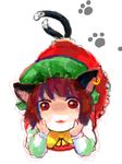  animal_ears bad_id bad_pixiv_id brown_hair cat_ears cat_tail chen chin_rest dress earrings hat jewelry kko lying multiple_tails on_stomach paw_print red_eyes solo tail touhou younger 