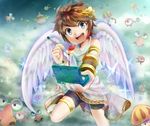 1boy angel bike_shorts blue_eyes child kid_icarus looking_at_viewer lowres male male_focus nintendo nintendo_3ds pit pit_(kid_icarus) short_hair smile solo tunic wings 