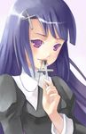  bangs blue_hair blunt_bangs cross cross_necklace elise_trinh habit jewelry kannagi long_hair mouth_hold necklace nun purple_eyes solo zange 