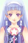  bangs blue_hair blunt_bangs elise_trinh hair_tubes hairband kannagi long_hair nagi purple_eyes smile solo upper_body wand 