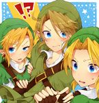  3boys belt blonde_hair blue_eyes blush earrings gloves hat jewelry link male_focus multiple_boys multiple_persona pointy_ears the_legend_of_zelda the_legend_of_zelda:_ocarina_of_time the_legend_of_zelda:_skyward_sword the_legend_of_zelda:_twilight_princess tobari_(brokenxxx) 